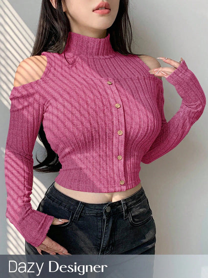 SHEIN Women’s Pink Cold Shoulder Ribbed Crop Top