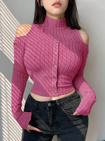 SHEIN Women’s Pink Cold Shoulder Ribbed Crop Top