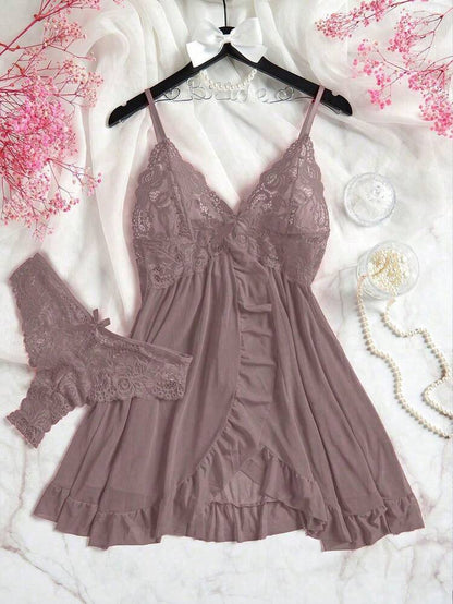 Mauve Lace Babydoll Nightwear Set – Women Soft Sleep Dress with Matching Panty