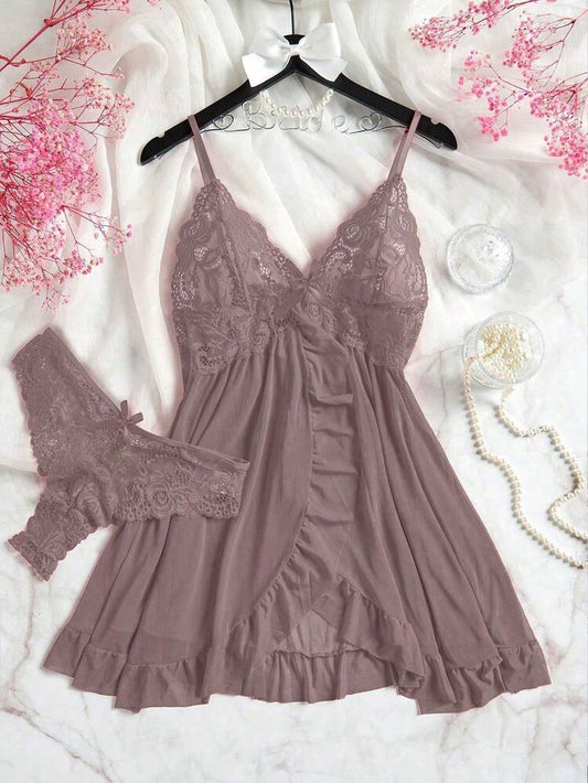 Mauve Lace Babydoll Nightwear Set – Women Soft Sleep Dress with Matching Panty