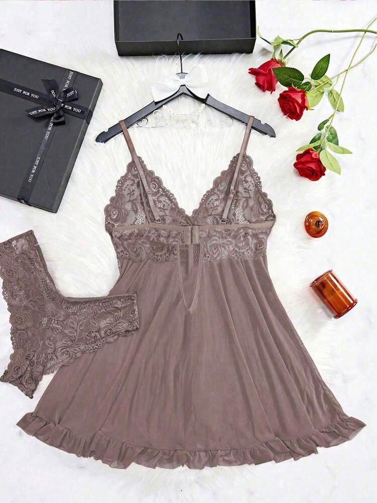 Mauve Lace Babydoll Nightwear Set – Women Soft Sleep Dress with Matching Panty