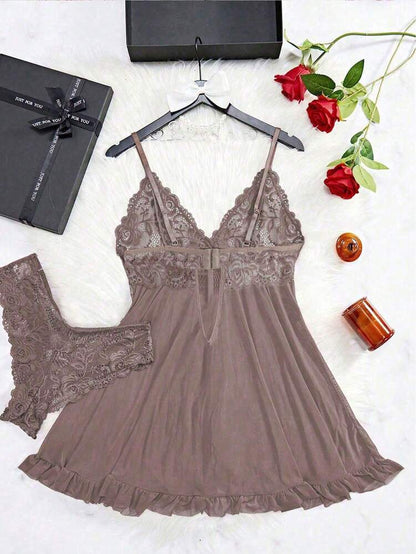 Mauve Lace Babydoll Nightwear Set – Women Soft Sleep Dress with Matching Panty