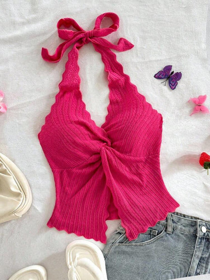 Red Violet Ribbed Halter Knit Top – Twist Front Sleeveless Crop Top – Deep V Slim Fit Summer Style