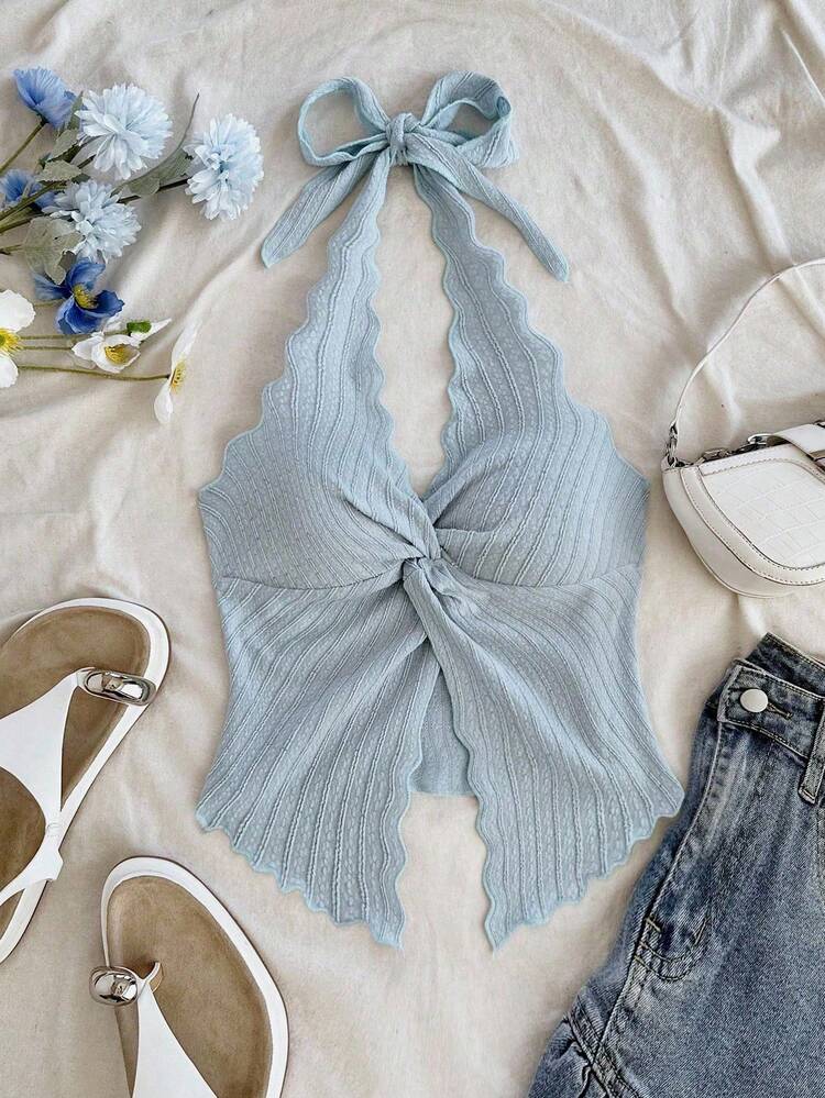 Women’s Powder Blue Halter Tie Front Knit Top – Deep V Scallop Edge Summer Crop Top