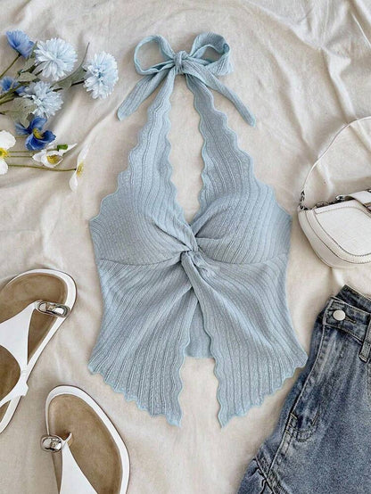 Women’s Powder Blue Halter Tie Front Knit Top – Deep V Scallop Edge Summer Crop Top