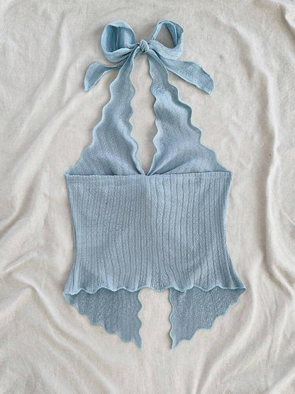 Women’s Powder Blue Halter Tie Front Knit Top – Deep V Scallop Edge Summer Crop Top