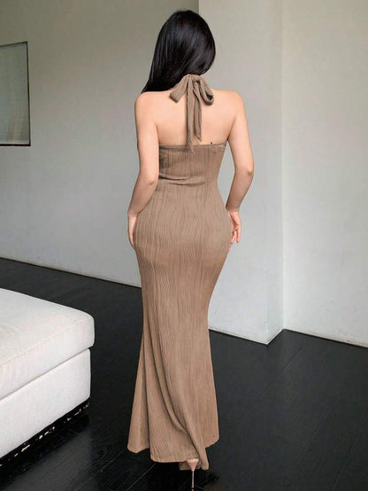 Taupe Halter Neck Ribbed Maxi Dress – Floral Brooch Bodycon Elegant Evening Dress for Women
