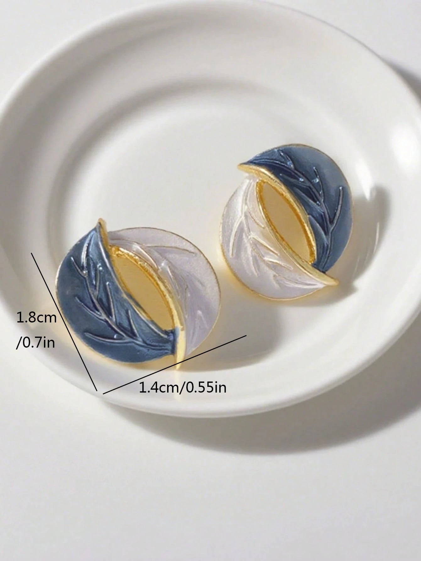 Gold Tone Leaf Design Stud Earrings – Blue and White Enamel Round Earrings – Elegant Women Fashion Jewelry