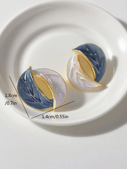 Gold Tone Leaf Design Stud Earrings – Blue and White Enamel Round Earrings – Elegant Women Fashion Jewelry