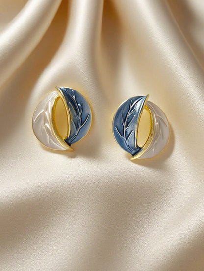 Gold Tone Leaf Design Stud Earrings – Blue and White Enamel Round Earrings – Elegant Women Fashion Jewelry