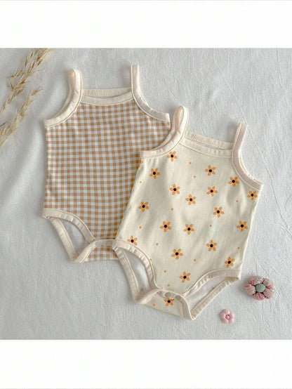 Baby Girls 2-Pack Printed Sleeveless Bodysuits – Floral & Gingham Cotton Onesie Set