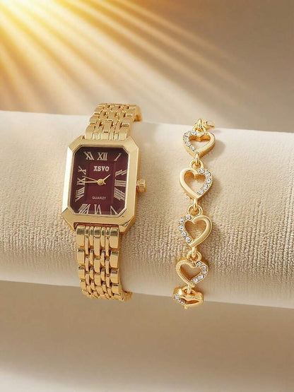 Women Luxury Watch & Heart Bracelet Set – Gold Quartz Watch with Crystal Heart Bracelet