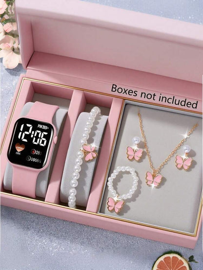 Girls Smart Watch & Butterfly Jewelry Set – Pink Kids Watch with Necklace, Bracelet, Ring & Earrings