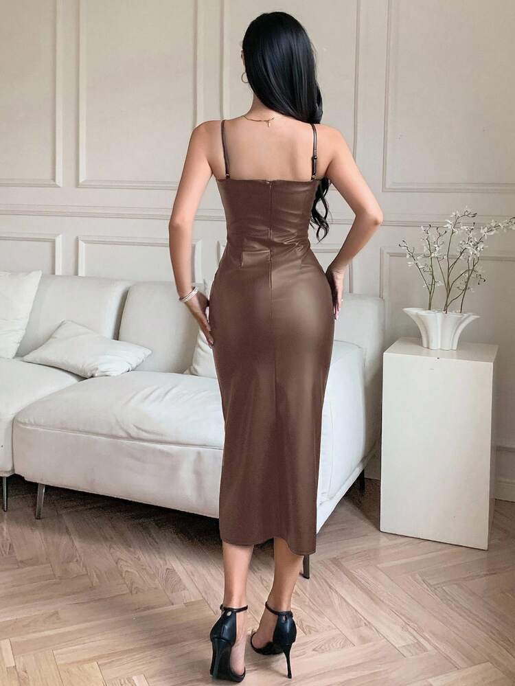 Chocolate Faux Leather Bodycon Midi Dress – Spaghetti Strap Split Party Dress for Women