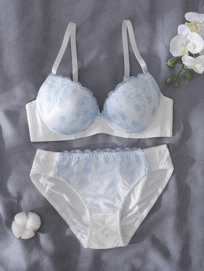 White & Light Blue Embroidered Bra and Panty Set for Women – Padded Underwire Lingerie – Floral Shein Style Intimate Set