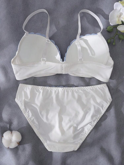 White & Light Blue Embroidered Bra and Panty Set for Women – Padded Underwire Lingerie – Floral Shein Style Intimate Set