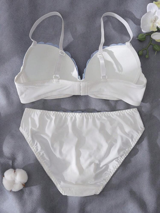 White & Light Blue Embroidered Bra and Panty Set for Women – Padded Underwire Lingerie – Floral Shein Style Intimate Set