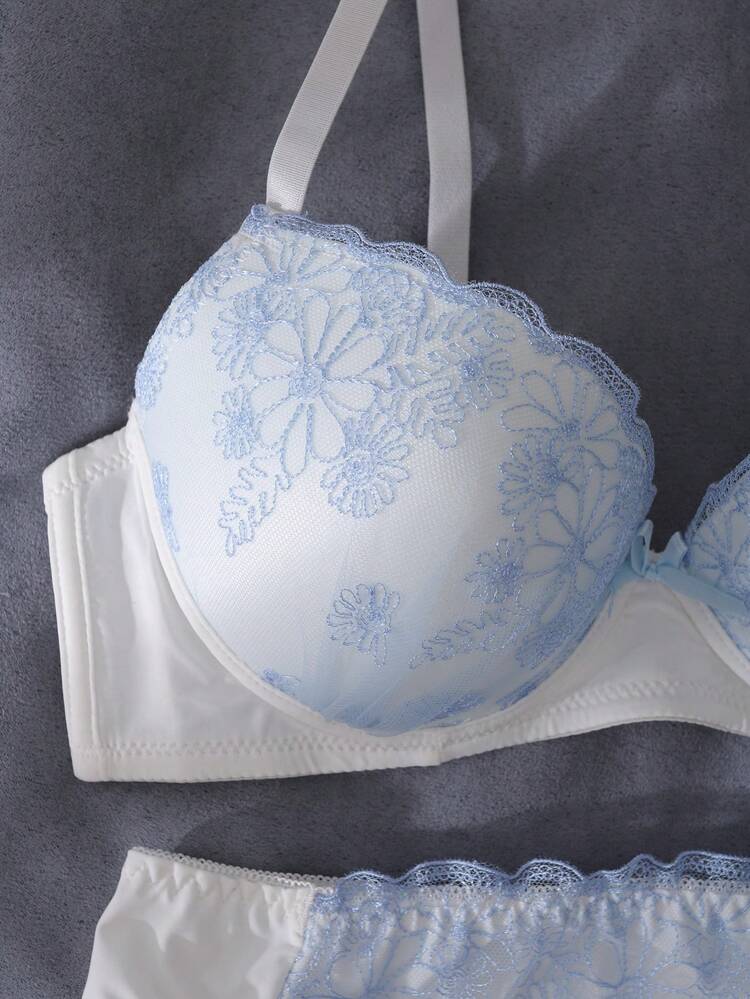 White & Light Blue Embroidered Bra and Panty Set for Women – Padded Underwire Lingerie – Floral Shein Style Intimate Set