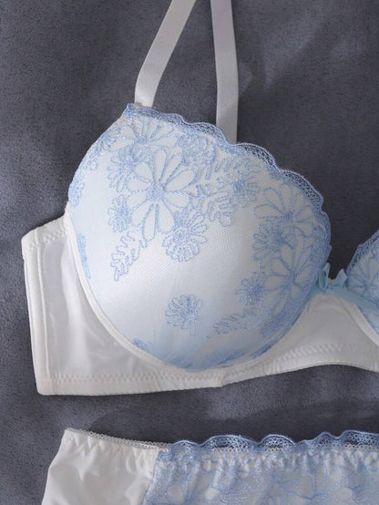 White & Light Blue Embroidered Bra and Panty Set for Women – Padded Underwire Lingerie – Floral Shein Style Intimate Set