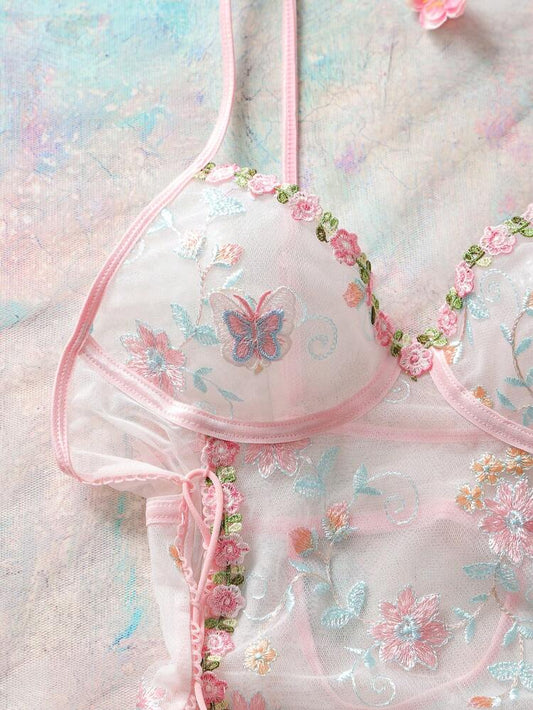 Women Embroidered Mesh Babydoll Dress – Floral Sheer Lingerie Nightwear