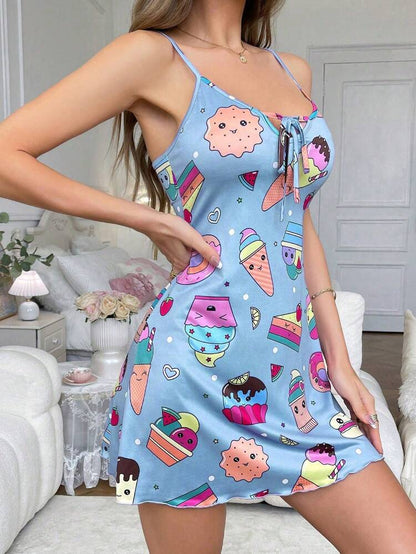 Cute Cartoon Print Nightdress – Women Casual Sleepwear