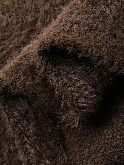 Fuzzy Knit Two-Piece Cardigan Set – Brown