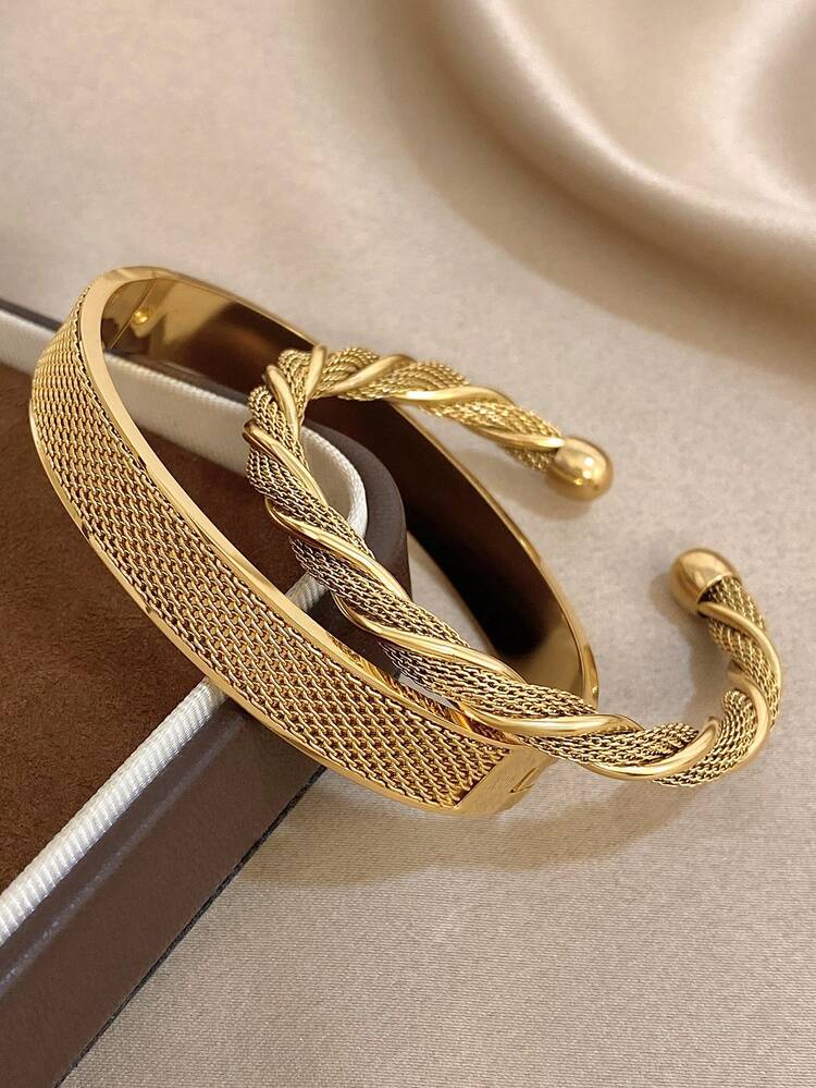 Gold Textured Cuff Bracelet Set for Women – 2 Pieces