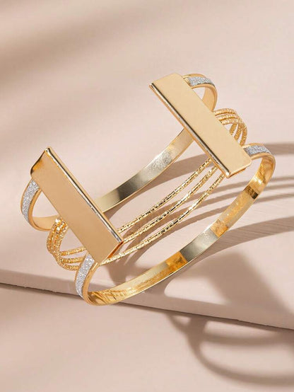 Gold Tone Multi Layer Cuff Bracelet – Glitter Accent Open Bangle with Textured Strands – Elegant Women Jewelry