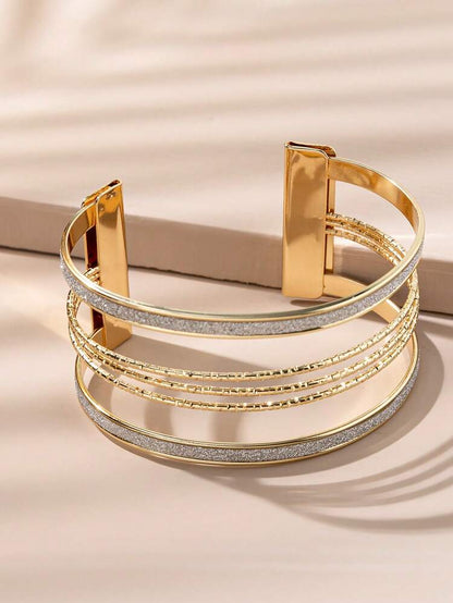 Gold Tone Multi Layer Cuff Bracelet – Glitter Accent Open Bangle with Textured Strands – Elegant Women Jewelry