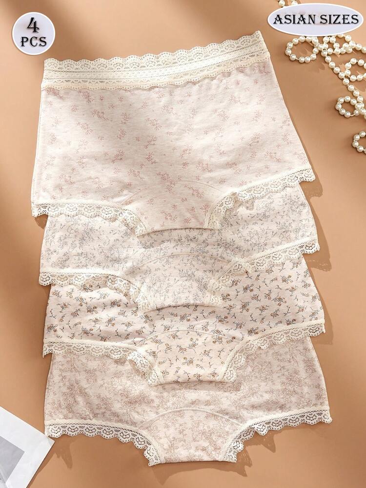 4 Pcs Floral Lace Trim Boyshort Panties Set for Women – Soft Cotton Mid Waist Full Coverage Briefs – Shein Style