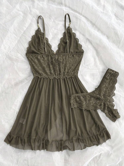 Lace Mesh Babydoll Nightdress Set – Women Elegant Sleepwear
