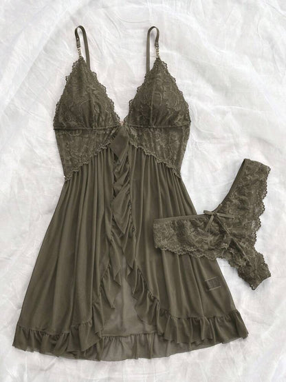 Lace Mesh Babydoll Nightdress Set – Women Elegant Sleepwear