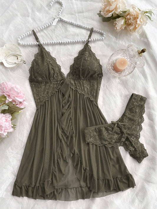 Lace Mesh Babydoll Nightdress Set – Women Elegant Sleepwear