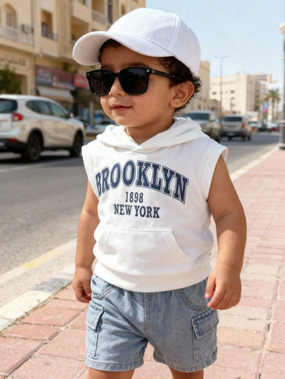 Baby Boy White Sleeveless Hoodie and Denim Shorts Set – Brooklyn Print Casual Summer Outfit