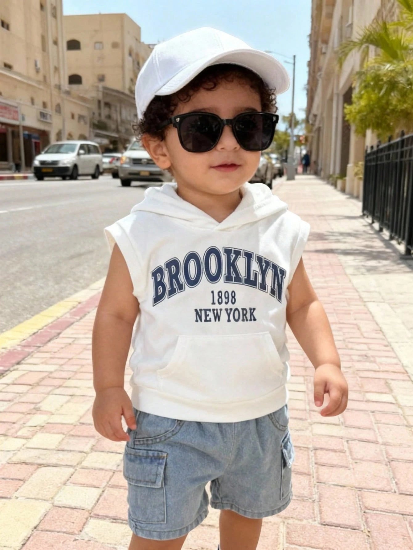 Baby Boy White Sleeveless Hoodie and Denim Shorts Set – Brooklyn Print Casual Summer Outfit
