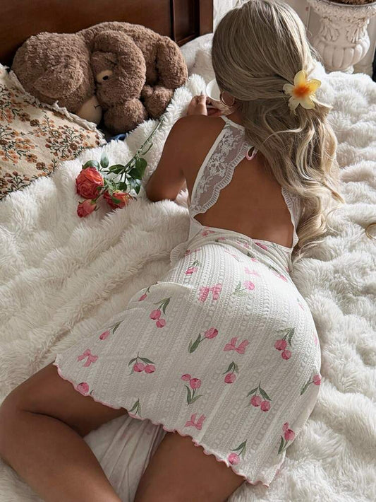 Cherry Print Lace Babydoll Nightwear Set – Women Soft Sleep Dress with Matching Panty