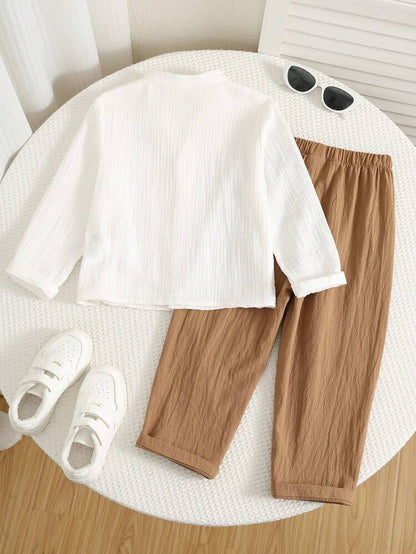 Boys White Cotton Gauze Shirt & Camel Brown Pants Set – Long Sleeve Casual Summer Outfit – Soft Breathable 2 Piece Kids Set