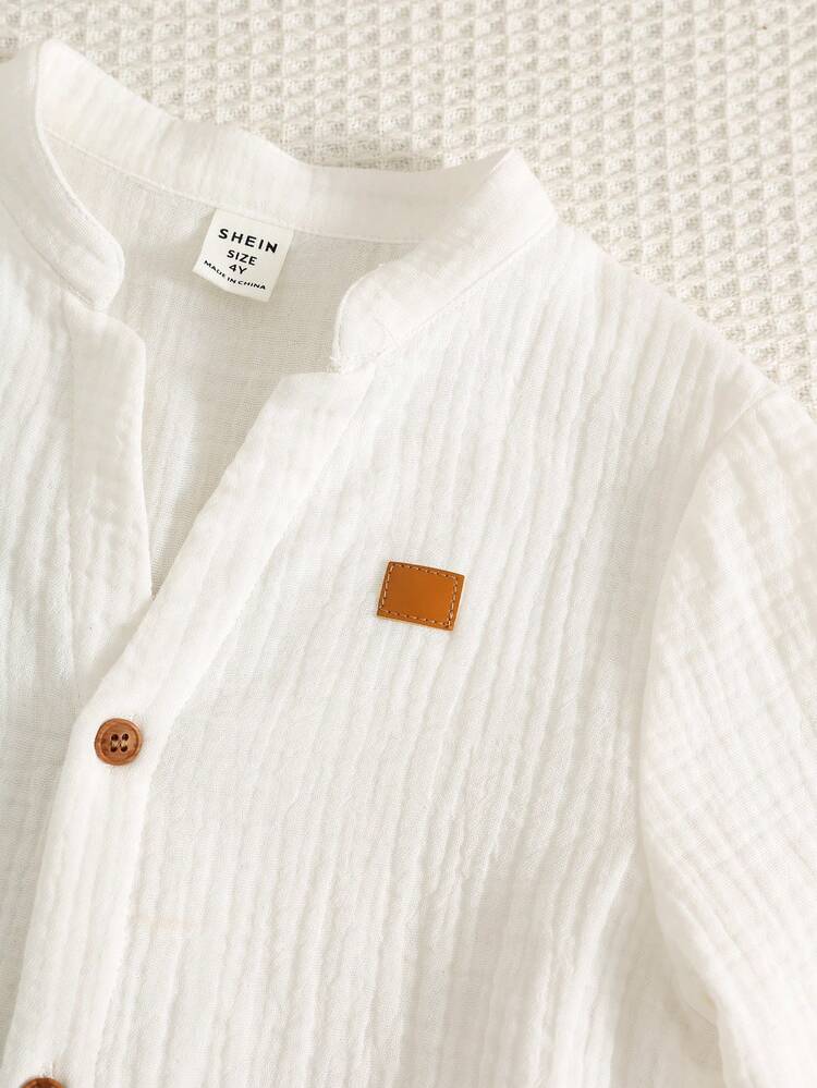 Boys White Cotton Gauze Shirt & Camel Brown Pants Set – Long Sleeve Casual Summer Outfit – Soft Breathable 2 Piece Kids Set