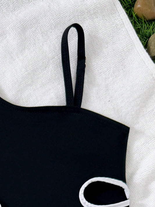 Girls Black One Shoulder Swimsuit with Sheer Cover-Up Skirt, Cut-Out Side Beachwear Set