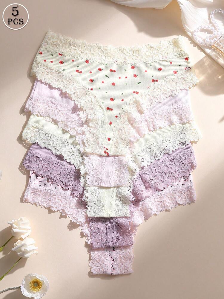 5-Pack Lace Trim Floral Ribbed Panties for Women – Soft Stretch Brief Underwear Set – Shein Style Feminine Lingerie