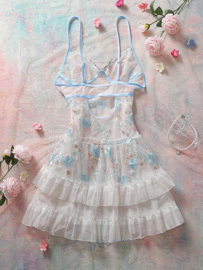 Women Butterfly Embroidered Babydoll Lingerie Dress – Sheer Mesh Nightwear