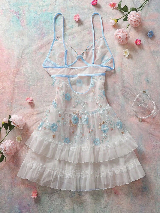 Women Butterfly Embroidered Babydoll Lingerie Dress – Sheer Mesh Nightwear