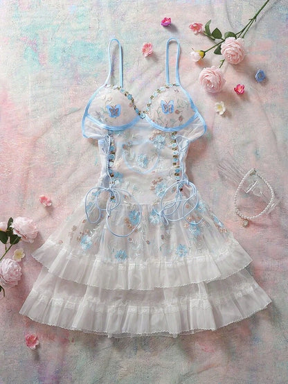 Women Butterfly Embroidered Babydoll Lingerie Dress – Sheer Mesh Nightwear