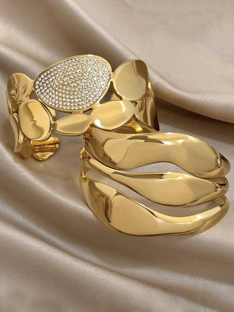 Gold Statement Cuff Bracelet Set for Women – 2 Pieces