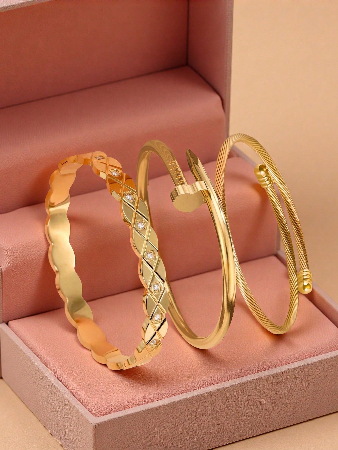 4 Piece Gold Tone Bangle Bracelet Set – Textured and Crystal Accent Stackable Bracelets – Elegant Women Jewelry