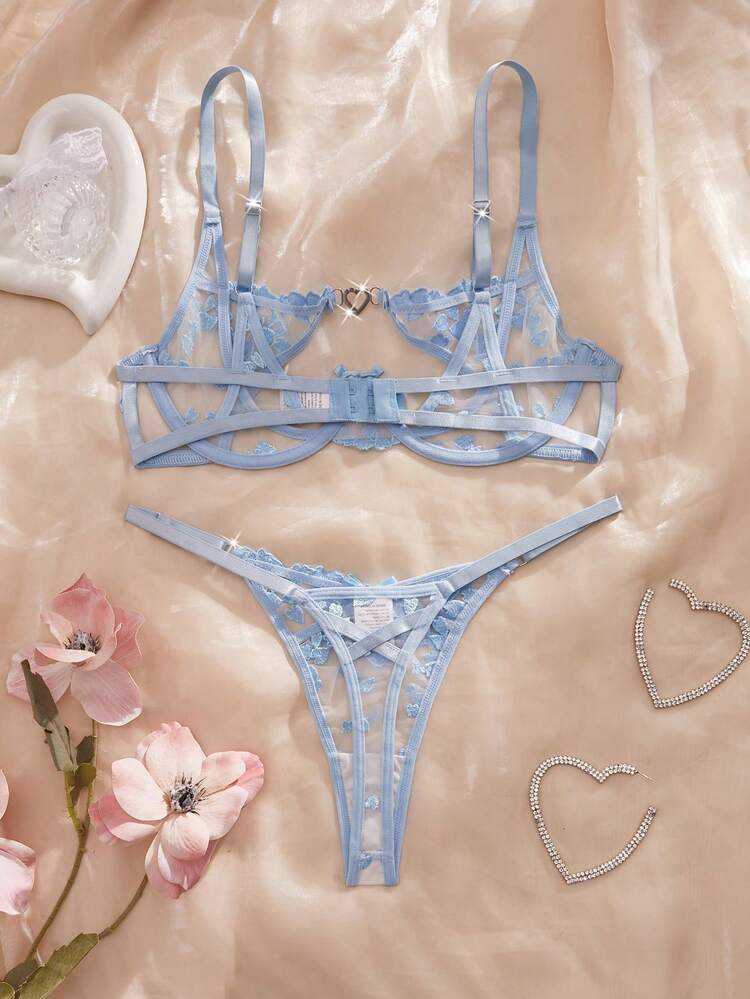 Women Blue Embroidered Lace Lingerie Set – Sheer Floral Bra & Thong