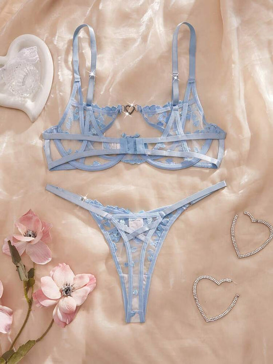 Women Blue Embroidered Lace Lingerie Set – Sheer Floral Bra & Thong