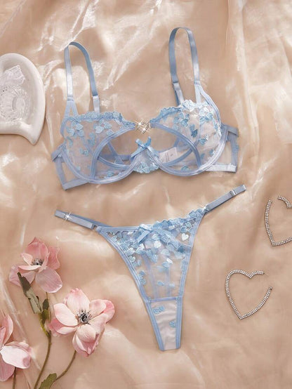 Women Blue Embroidered Lace Lingerie Set – Sheer Floral Bra & Thong