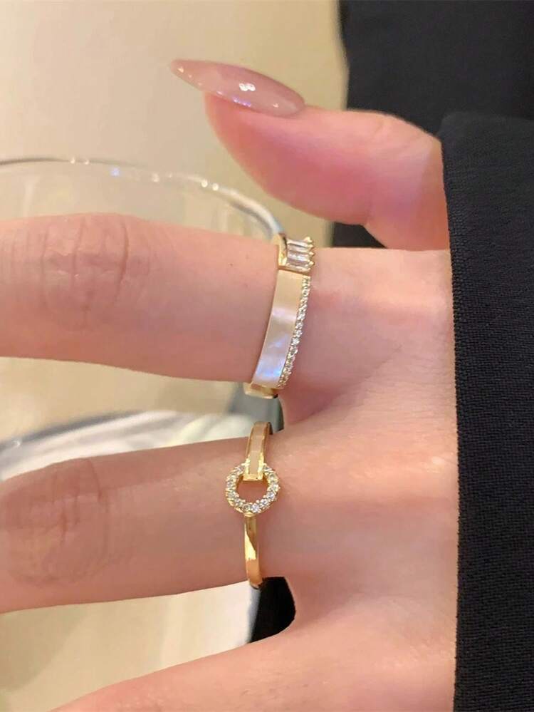 3 Piece Gold Tone Crystal Ring Set – Stackable Geometric and Pavé Accent Rings – Elegant Women Fashion Jewelry