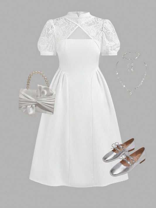Girls’ White Lace Party Dress – Short Sleeve Princess Dress – Elegant Occasion Outfit for Kids